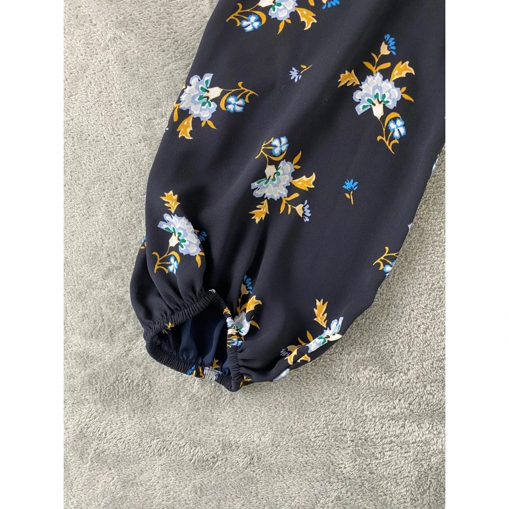Loft Womens Navy Blue Floral Puff Sleeve Keyhole Back Blouse Top Size S